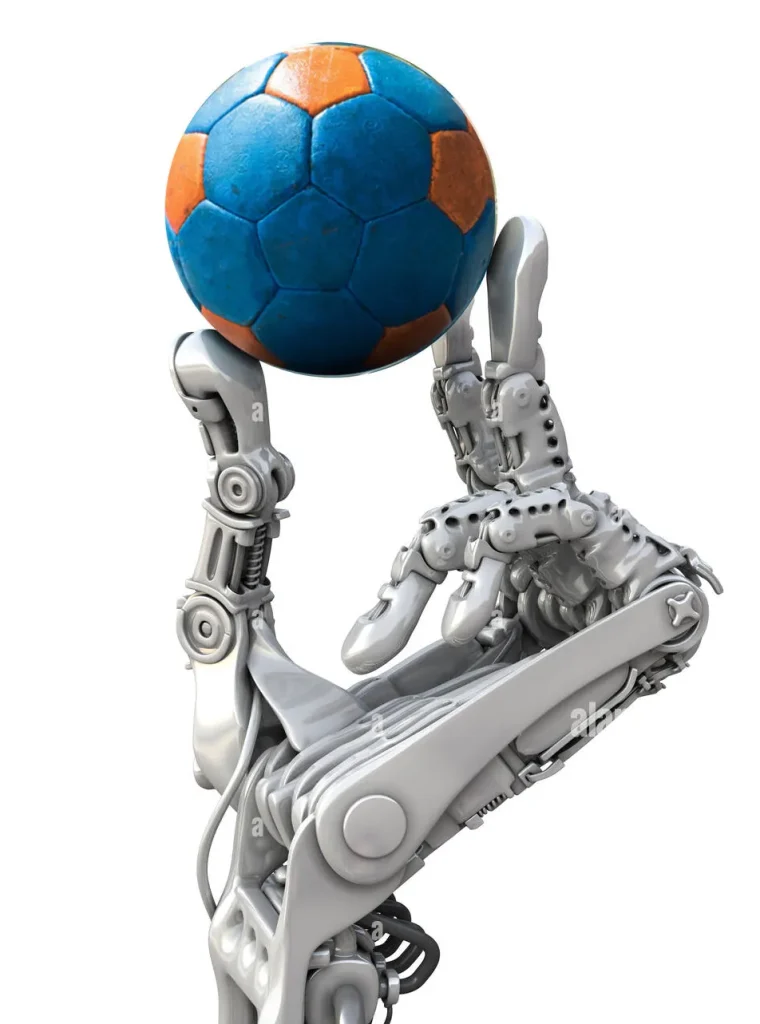 Un robot tenant un ballon de football bleu et orange