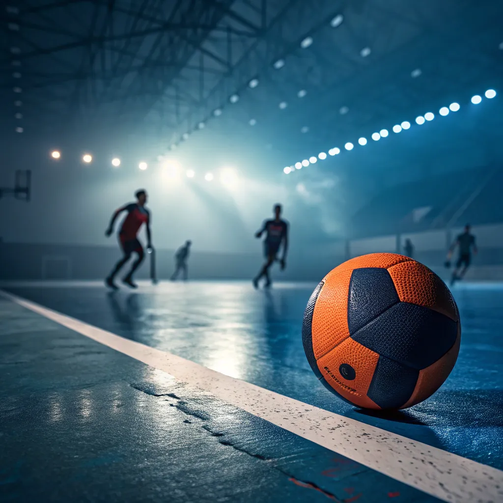 photo d’un ballon de handball orange et bleu sur un terrain intérieur, avec des joueurs flous en arrière-plan, sous les projecteurs dans une ambiance de match intense